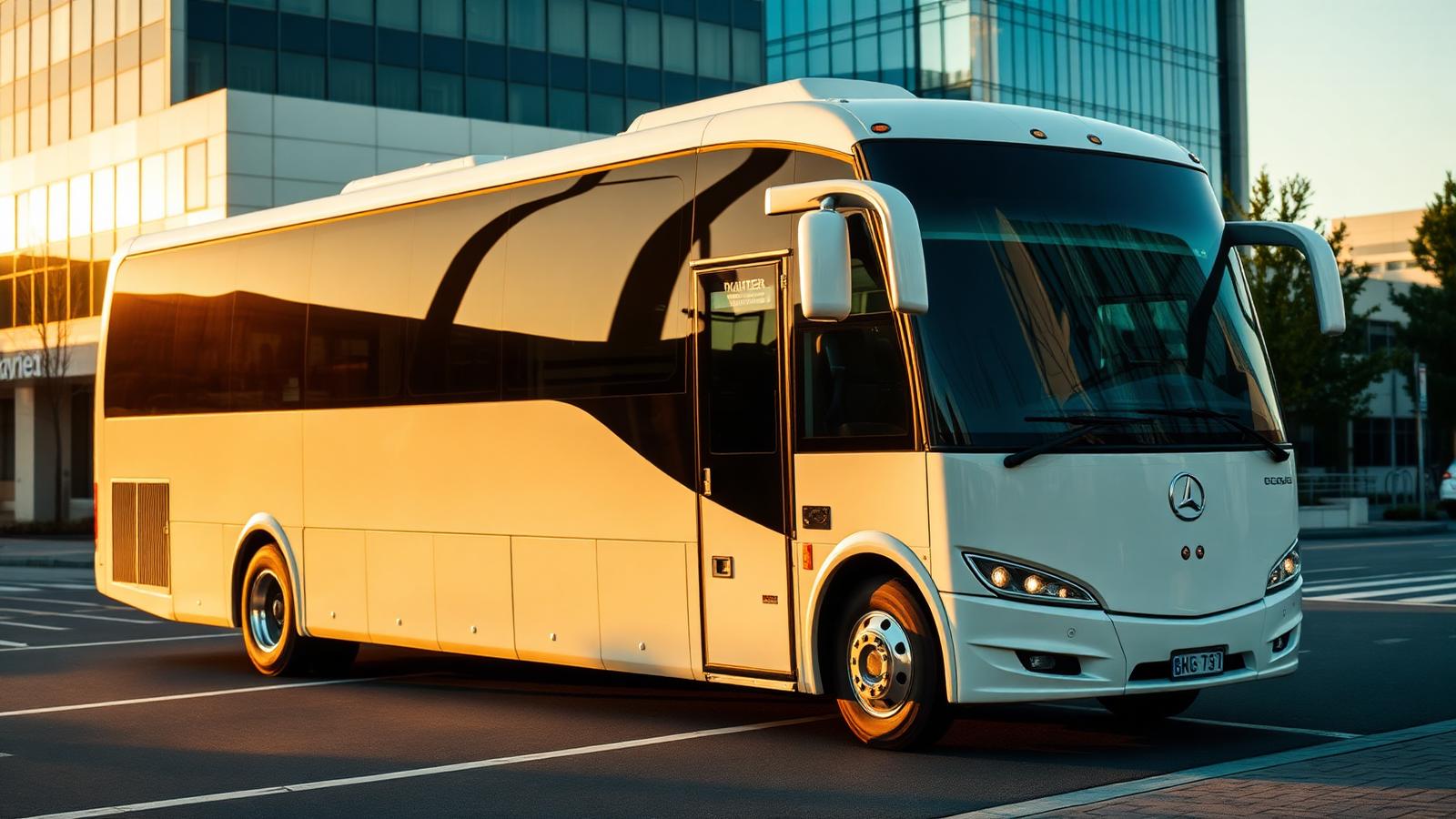 Ônibus de fretamento corporativo estacionado em via urbana